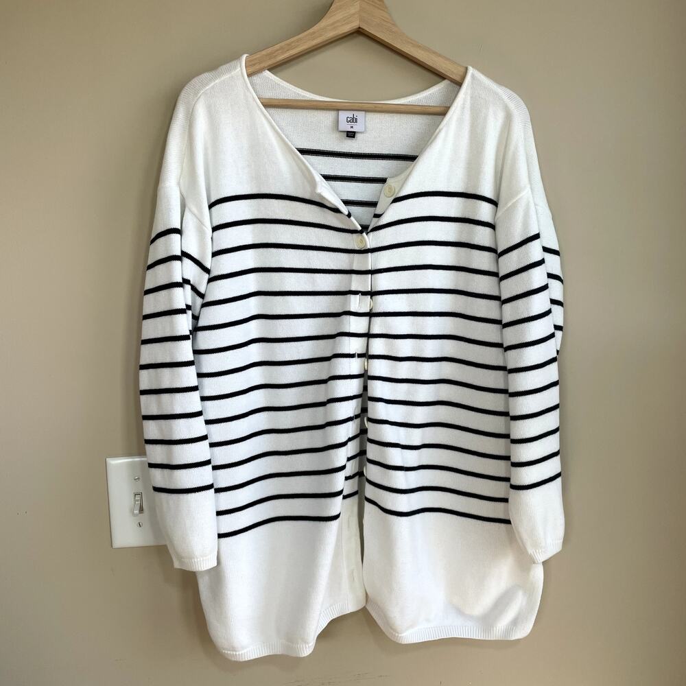 cabi black white button front knit cardigan women's size medium cotton rayon